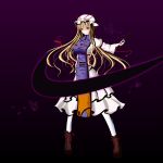  blonde_hair boots bow breasts dress fan folding_fan frilled_dress frills gap gmot hair_bow hat highres large_breasts legs long_hair minami628 purple_eyes solo tabard touhou trigram violet_eyes white_legwear yakumo_yukari 