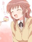  1girl aliasing amagami brown_hair cake feeding food open_mouth sakurai_rihoko school_uniform short_hair solo sweater tonbi 