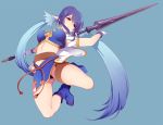  blue_hair breasts gloves hair_bun highres judith leg_garter long_hair midriff natsuhachi panties pantyshot pointy_ears polearm red_eyes simple_background solo spear tales_of_(series) tales_of_vesperia twintails underwear weapon white_gloves 
