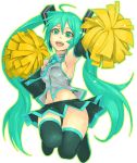  ahoge and aqua_eyes aqua_hair armpits breasts cheerleader detached_sleeves face hatsune_miku headphones headset jumping long_hair navel necktie open_mouth pom_poms sideboob simple_background skirt smile solo thigh-highs thigh_gap thighhighs twintails very_long_hair vocaloid zettai_ryouiki 