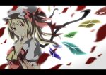  ascot blonde_hair bow flandre_scarlet hat hat_bow hat_ribbon itoo letterboxed petals red_eyes ribbon solo the_embodiment_of_scarlet_devil touhou wings wrist_cuffs 