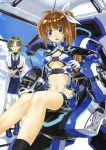  bodysuit breasts brown_hair cockpit glasses green_hair highres kurogin legs lyrical_nanoha mahou_senki_lyrical_nanoha_force mahou_shoujo_lyrical_nanoha mariel_atenza midriff navel nyantype official_art pantyhose pilot_suit ponytail takamachi_nanoha underboob white_legwear yellow_eyes 