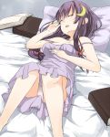  bare_legs book camisole chemise closed_eyes crescent haine hair_ornament highres long_hair lying no_bra on_back panties pantyshot patchouli_knowledge purple_hair sleeping solo strap_slip touhou underwear upskirt 