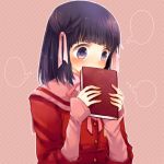  black_hair blush book covering covering_face covering_mouth hair_ribbon kami_nomi_zo_shiru_sekai purple_eyes ri_(ls_35) ribbon school_uniform serafuku shiomiya_shiori short_hair sleeves_past_wrists solo violet_eyes 