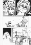  2girls :&lt; :d ^_^ anger_vein braid closed_eyes comic eyes_closed giving_up_the_ghost hair_intakes hidefu_kitayan highres hong_meiling izayoi_sakuya knife knifed long_hair monochrome multiple_girls no_nose o_o open_mouth ribbon short_hair smile touhou translated twin_braids 