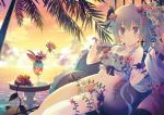  ahoge aqua_hair bandeau bikini blue_eyes blush bow bracelet cloud cocktail flower hair_flower hair_ornament jewelry long_hair looking_at_viewer navel ocean original palm_tree pillow sitting skindentation sky solo sunset swimsuit tree yamadori_yoshitomo 