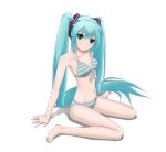  aqua_hair barefoot bikini face feet front-tie_top green_eyes green_hair hands hatsune_miku long_hair mound_of_venus navel shadow sitting striped striped_bikini striped_swimsuit swimsuit twintails very_long_hair vocaloid wariza yukikaze_(pg6sa_az1) 