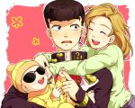  1boy 2girls baby black_hair blonde_hair gakuran hat higashikata_jousuke hug jojo_no_kimyou_na_bouken kuujou_jolly multiple_girls nohko pompadour school_uniform shizuka_joestar siblings sunglasses sweater time_paradox 