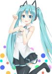  aqua_eyes aqua_hair bare_arms bare_shoulders blue_eyes blush cat_pose hatsune_miku headphones heirou long_hair necktie open_mouth paw_pose pose simple_background skirt sleeveless sleeveless_shirt smile solo standing_on_one_leg thigh-highs thighhighs twintails very_long_hair vocaloid vocaloid_(lat-type_ver) white_background 