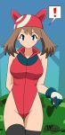  bare_shoulders blue_eyes blush bodysuit breasts brown_hair forest gloves haruka_(pokemon) highres huge_breasts large_breasts legs leotard nature poke_ball pokemon pokemon_ruby_and_sapphire thigh-highs thighhighs vector_trace wslasher 