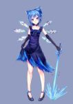  alternate_costume blue_dress blue_eyes blue_hair bow choker cirno collarbone curtsey dabadhi dress dress_lift elbow_gloves frills gloves hair_bow hair_ribbon high_heels highres ice ice_sword ice_wings lace large_bow legs pigeon-toed pigeon_toed ribbon shoes short_hair simple_background smile solo sword sword_of_hisou torn_clothes torn_dress touhou weapon wings 
