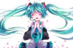  aqua_hair closed_eyes detached_sleeves efu eyes_closed hands_clasped hatsune_miku headset long_hair necktie simple_background solo twintails very_long_hair vocaloid 