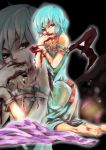  bad_id bare_shoulders barefoot bat_wings blood blue_hair bracelet feet highres jewelry looking_at_viewer looking_back no_hat no_headwear red_eyes remilia_scarlet ripton short_hair soles solo toes touhou wings zoom_layer 