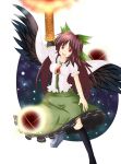  arm_cannon bow brown_hair cape hair_bow highres long_hair open_mouth red_eyes reiuji_utsuho solo touhou waizu weapon wings 