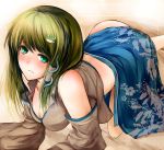  all_fours ass blush body_blush breasts cleavage detached_sleeves green_eyes green_hair hair_ornament hair_tubes highres kochiya_sanae long_hair metalwasabi solo touhou 