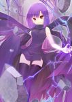  breasts hoshikuzu magic minidress original purple_hair red_eyes shock short_hair small_breasts smile solo thigh-highs thighhighs thunder zettai_ryouiki 