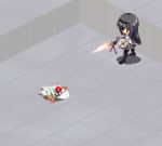  akemi_homura animated animated_gif black_hair firing gif gun hairband kyubey lowres machine_gun magical_girl mahou_shoujo_madoka_magica niwatori_takeshi pantyhose pixel_art shield weapon 