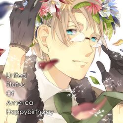  america_(hetalia) axis_powers_hetalia bad_id blonde_hair blue_eyes engrish flower glasses gloves happy_birthday jacket male md5_mismatch necktie nori-nori-nori-nori-nori ranguage solo 