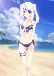  beach bikini blush eyepatch highres infinite_stratos laura_bodewig navel red_eyes silver_hair solo swimsuit twintails weeeeen 