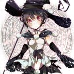  black_hair detached_sleeves earrings hat jewelry kazumi_(kazumi_magica) magical_girl mahou_shoujo_kazumi_magica mahou_shoujo_madoka_magica navel red_eyes solo staff sumomo_kaze witch_hat 