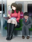  1boy 1girl boots breasts brown_hair cellphone copyright_request enkaboots fashion formal grey_legwear height_difference long_hair miniskirt pantyhose phone purse reflection sitting size_difference skirt suit sweater taller_girl train train_interior 