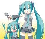  2girls aqua_eyes aqua_hair chibi_miku detached_sleeves hatsune_miku headphones microphone minami_(colorful_palette) multiple_girls necktie skirt smile spring_onion thigh-highs thighhighs twintails vocaloid zettai_ryouiki 