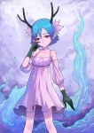  bare_shoulders blue_hair blue_hairchoker c_(control) c_the_money_of_soul_and_possibility_control choker dress gloves jun_(goodgun7) pointy_ears q_(control) red_eyes short_hair solo 