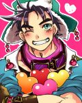  1boy black_hair blue_eyes blue_jacket bomber_hat fangs fingerless_gloves gloves goggles goggles_around_neck grin hat heart jacket jojo_no_kimyou_na_bouken joseph_joestar_(young) nohko scarf smile solo wink 