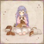  adapted_costume bad_id blush book book_hug bookshelf crescent long_hair mxnxm open_mouth patchouli_knowledge purple_hair sitting skirt solo star sweater touhou yellow_eyes 