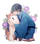  akita animal axis_powers_hetalia bangs black_hair blunt_bangs closed_eyes dog eyes_closed flowerchorus happy hug japan_(hetalia) japanese_clothes kimono male pet pochi_(hetalia) sandals smile squatting tongue wide_sleeves yukata 