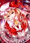  1girl ascot blonde_hair dress fangs flandre_scarlet hat highres magic_circle nunucco open_mouth red_dress red_eyes short_hair side_ponytail sitting slit_pupils solo star the_embodiment_of_scarlet_devil thigh-highs thighhighs tongue tongue_out touhou v_arms wings wrist_cuffs wristband zettai_ryouiki 