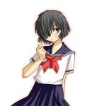  blush brown_eyes hair_over_one_eye kasuga_yukihito nazo_no_kanojo_x saliva saliva_trail school_uniform serafuku short_hair solo urabe_mikoto 