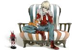  barnaby_brooks_jr belt blonde_hair blue_eyes boots chap&#039;s chap's character_doll couch dog glasses glasses_removed jacket jewelry male necklace petting power_armor power_suit red_jacket sitting solo studded_belt superhero tiger_&amp;_bunny towel welsh_corgi 