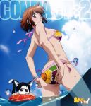  adjusting_swimsuit asobi_ni_iku_yo! ass assistaroid bikini brown_eyes brown_hair butt_crack chibi cigarette floral_print from_behind highres kinjou_manami looking_back mizugi o-ring_bottom robot short_hair strap_gap submerged swimsuit thigh_gap water 