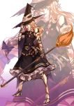  adjusting_hat alternate_costume blonde_hair blue_eyes book braid broom cape frills gathers gauntlets greaves hair_ornament hair_ribbon hat highres karlwolf kirisame_marisa long_hair mouth_hold ribbon single_braid solo touhou witch witch_hat zoom_layer 