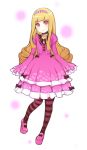 bow copyright_request dress fasces hairband hime_cut long_hair mary_janes pantyhose red_eyes ringlets shoes sleeves_past_wrists solo striped striped_legwear 