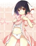  animal_ears black_hair blush bunny_ears deanoia dress dress_lift ear_ribbon inaba_tewi midriff navel panties pink_dress red_eyes short_hair solo touhou underwear white_panties 