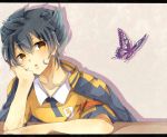  1boy black_hair butterfly collar fusion inazuma_eleven_(series) inazuma_eleven_go inazuma_eleven_go_chrono_stone jacket lightning looking_at_viewer male matsukaze_tenma poison916 raimon shadow soccer_uniform tsurugi_kyousuke yellow_eyes 