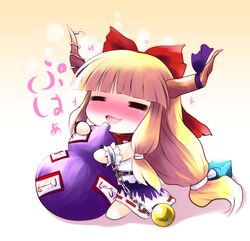  =_= blonde_hair blush bottle bow chain chains chibi closed_eyes eyes_closed fangs gourd hair_bow highres horn_ribbon horns ibuki_suika minigirl ofuda open_mouth orange_hair ribbon solo touhou wrist_cuffs wristband yume_shokunin 