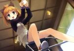  apron blush brown_hair ceiling from_below green_eyes hair_ribbon highres kantoku legs lightbulb long_hair looking_down minagawa_yuuhi necktie open_mouth original ponytail ribbon shoes sitting skirt smile sneakers solo your_diary 