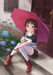  brown_eyes brown_hair casual esukee flower hydrangea original rubber_boots shorts sitting sitting_on_stairs smile solo stairs striped thigh-highs thighhighs twintails umbrella white_legwear zettai_ryouiki 
