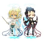  armor black_hair blonde_hair blue_eyes el_shaddai enoch gucha_(netsu) jeans lucifel_(el_shaddai) lucifer_(el_shaddai) male multiple_boys red_eyes sword weapon 