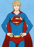 blonde_hair blue_eyes cape cosplay dc_comics hands_on_hips keith_goodman male neopara parody s_shield short_hair solo spandex superman superman_(cosplay) superman_(series) superman_(symbol) tiger_&amp;_bunny 