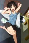  amagami armpits bare_legs barefoot bed brown_eyes brown_hair cat chemise clothes_on_floor fan feet flat_chest highres legs lying on_back open_mouth pillow short_hair skirt smile solo table tachibana_miya takayama_kisai 