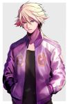  bad_id blonde_hair fujiwara ivan_karelin jacket letterman_jacket male purple_eyes purple_jacket short_hair solo tiger_&amp;_bunny violet_eyes 
