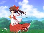  blue_sky bow brown_eyes brown_hair cloud cross_(crossryou) detached_sleeves dress forest gohei grass hair_bow hair_tubes hakurei_reimu miko mountain nature ponytail red_dress sky solo touhou wide_sleeves wind 