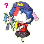  ? bamboo blue_hair blush fang geung_si gomi_ichigo hat jiangshi miyako_yoshika ofuda open_mouth outstretched_arms pale_skin short_hair skirt solo star tanabata tanzaku touhou translated zombie_pose 