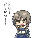  amane_suzuha braid brown_eyes brown_hair cape chibi cosplay kakushiaji lowres mahou_shoujo_madoka_magica miki_sayaka miki_sayaka_(cosplay) solo steins;gate translated translation_request twin_braids 