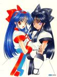  90s blue_hair bow brown_eyes dual_persona gauntlets hair_bow japanese_clothes light_smile long_hair multiple_girls murasaki_nakoruru nail_polish nakoruru nanase_aoi open_mouth purple_eyes samurai_spirits simple_background snk tan time_paradox violet_eyes 