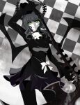  black_rock_shooter checkered checkered_background choker dead_master dress fuoco green_eyes horns pale_skin pants scythe smile solo wings 